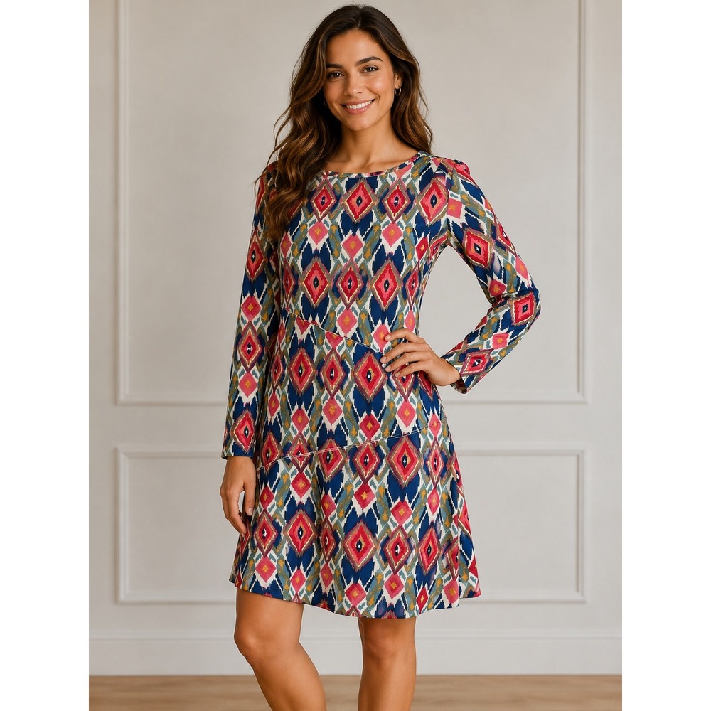 Mexicali Blues Womens Long Sleeve Ikat Diamond Print Shift Dress Blue Pink S